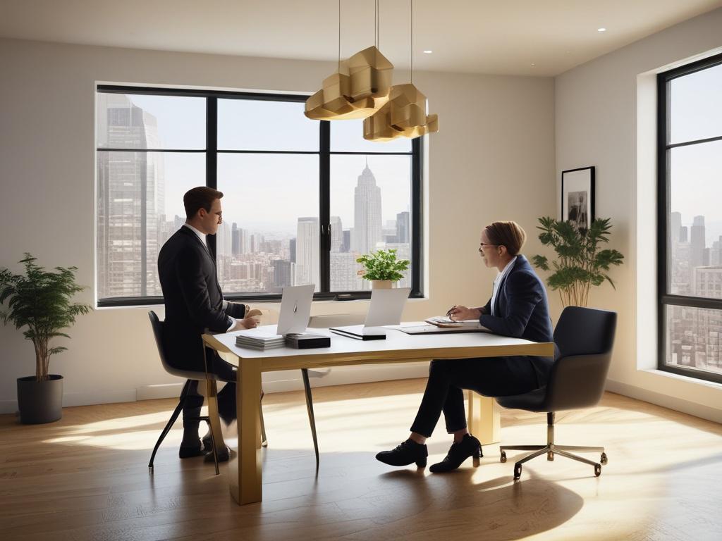 A realistic high-resolution photo of a professional consultant assisting a foreign homeowner with paperwork in a sleek minimalist office. The background is bright with natural light, simple decor in black and gold with #CFB07C accents, conveying trust, professionalism, and clarity.