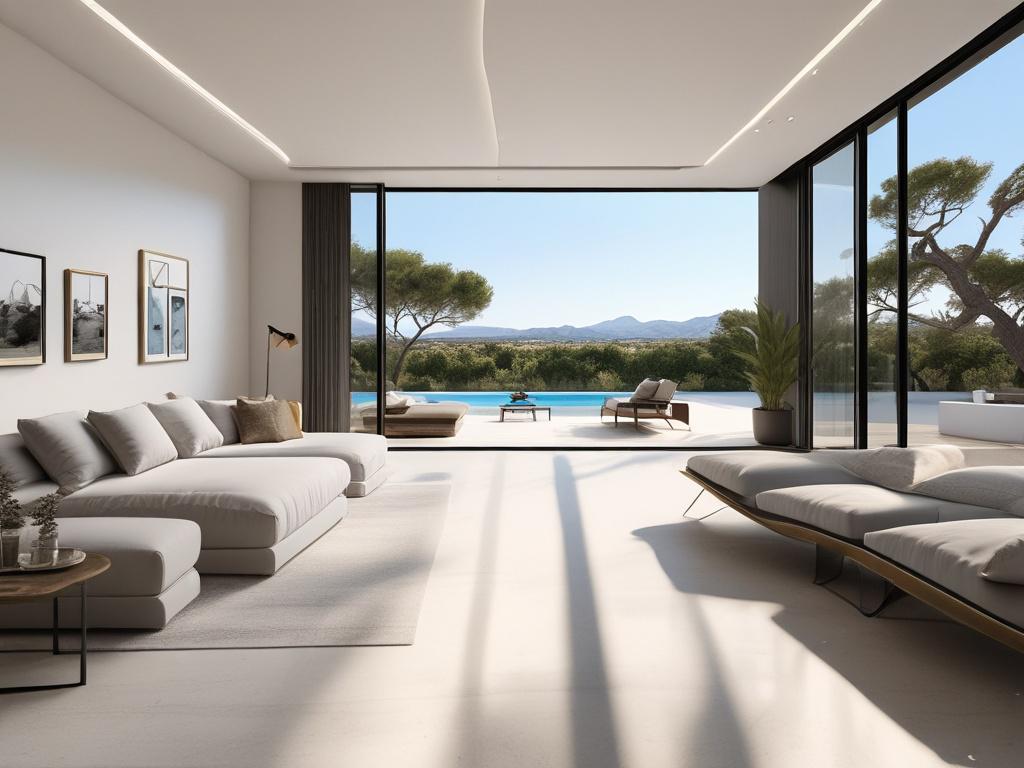 A high-resolution photo of a luxurious modern villa in Mallorca with clean lines and minimalistic design. The villa showcases bright and spacious interiors with elegant black and gold accents, large panoramic windows revealing a stunning view of the Mallorca landscape with lush gardens and a pristine pool. The composition is simple and clear with the villa as the single subject, emphasizing sophistication and exclusivity. The color palette is minimal, focused on neutral tones complemented by the #CFB07C gol