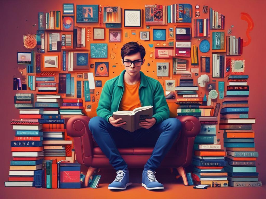 a person looking inspired and determined, surrounded by motivational books and a vibrant background, minimalistic style, high-resolution