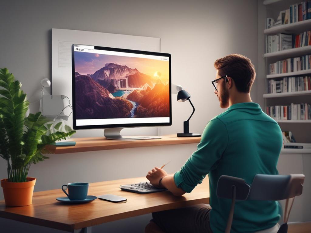 an individual watching a motivational video on a laptop, engaged and inspired, modern and clean design, high-resolution