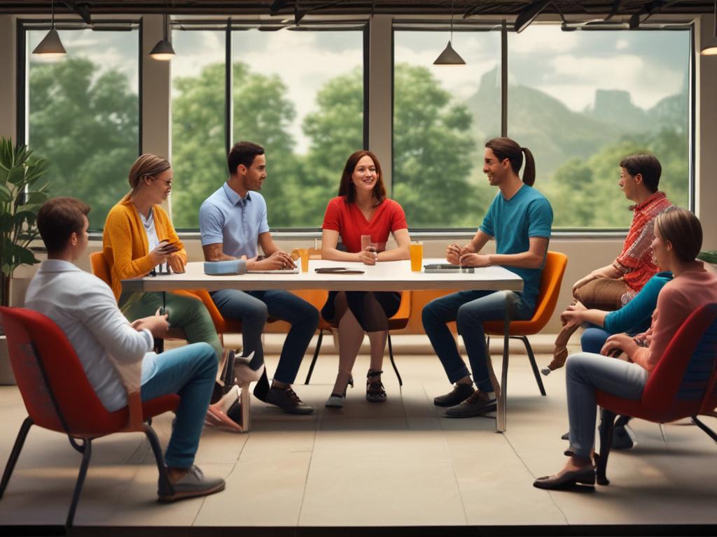 a diverse group of people engaging in conversation, lively atmosphere, minimalistic style, high-resolution