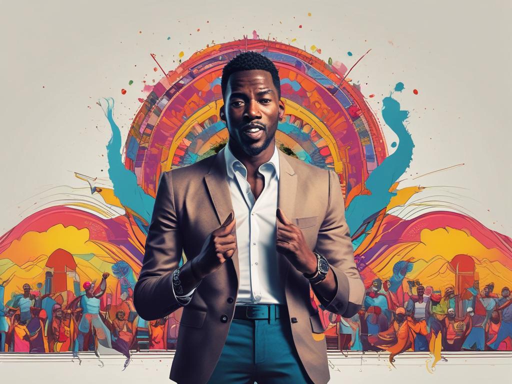 A high-resolution image of Bisong Simon Egoh passionately speaking to an engaged audience. The backdrop is simple yet impactful, featuring a colorful stage with motivational quotes. The crowd is diverse and attentive, highlighting the connection between speaker and audience. The lighting is bright, creating an energetic and inspiring atmosphere.