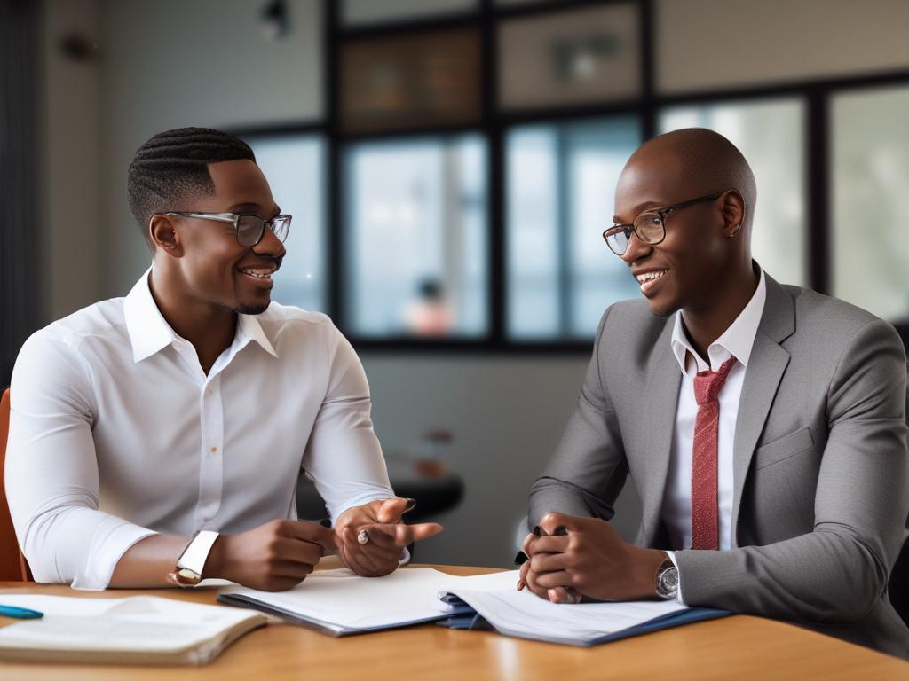 A high-resolution image of a motivational speaker, Bisong Simon Egoh, engaged in a one-on-one coaching session with a client in a bright, inviting office space with red accents.