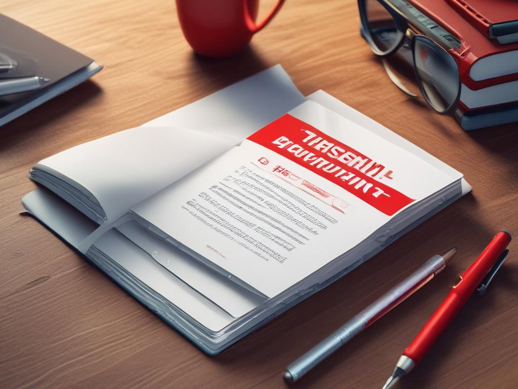 A realistic high-resolution image of a motivational book titled 'The Bisong Blueprint™' placed on a clean, modern desk with a vibrant red color scheme, a notebook, and a pen beside it.