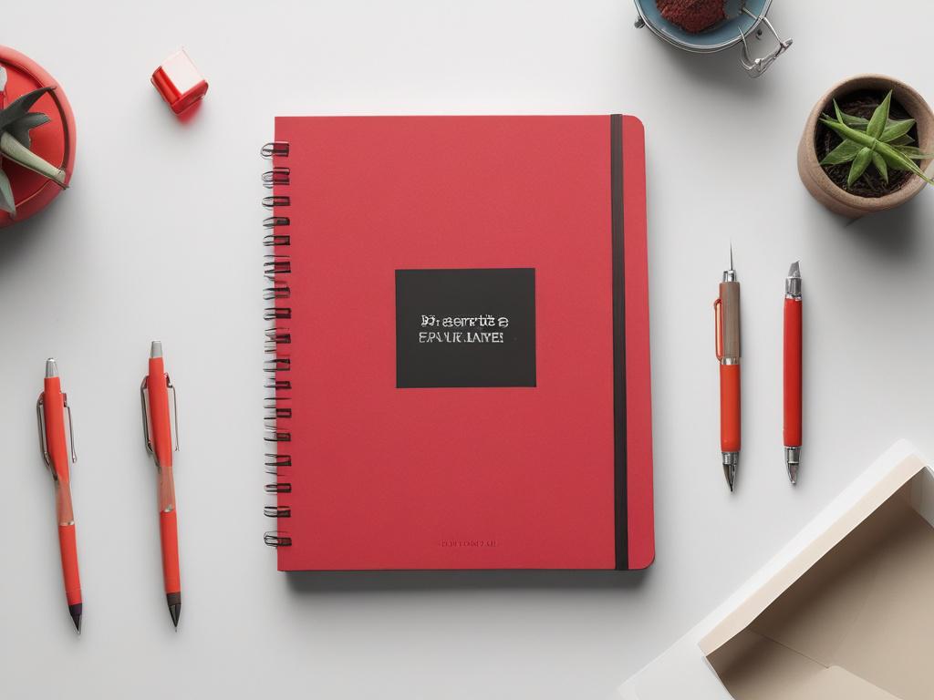 A high-resolution image of a motivational planner with clean lines, a bold vibrant red cover, set against a minimalist white background, emphasizing simplicity and essential elements.