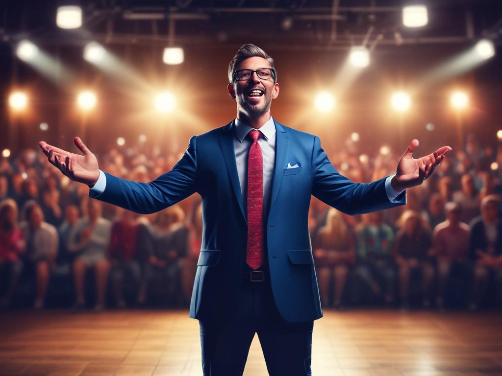 A high-resolution image of a motivational speaker on stage, passionately addressing an audience with bright lights and an engaging atmosphere, focusing on connection and inspiration.