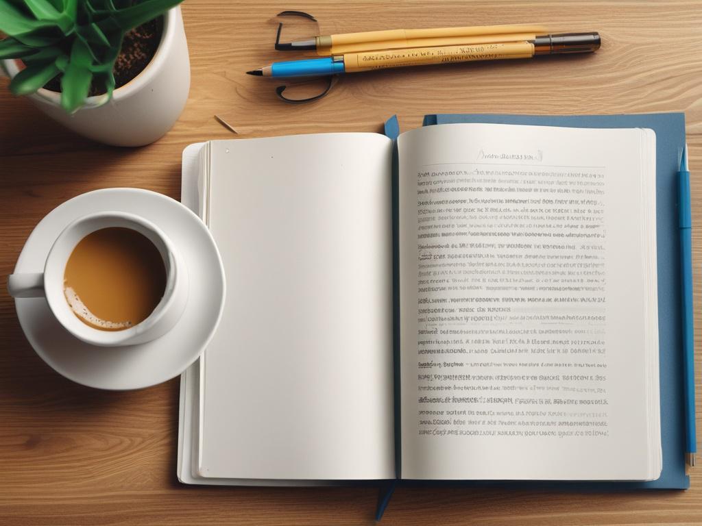 A realistic image of an open journal filled with handwritten notes and motivational quotes, placed on a desk with a coffee cup, showcasing a minimalist aesthetic with vibrant colors.