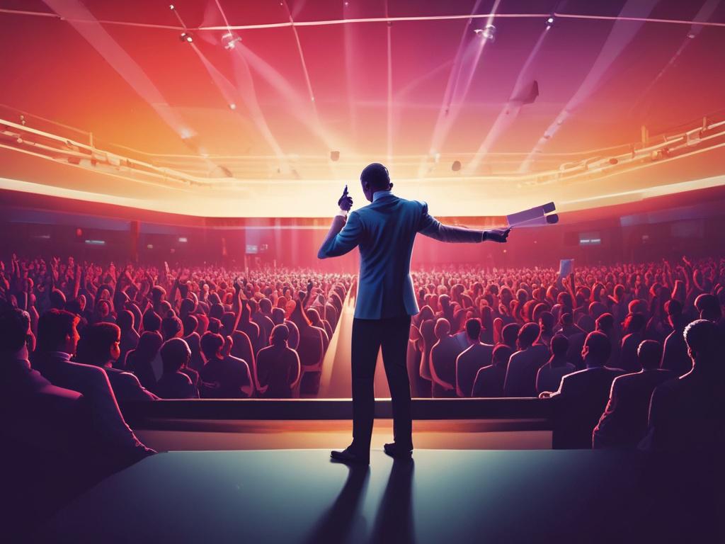 A motivational speaker standing confidently on a stage, passionately delivering