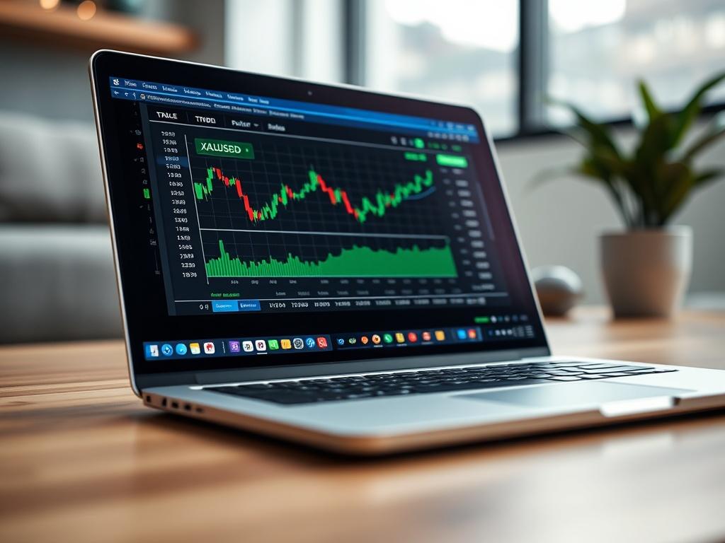A hyper-realistic close-up shot of a sleek laptop screen displaying a trading platform with XAUUSD charts and analytics. The background is softly blurred to enhance focus on the screen, capturing the essence of digital trading. The overall color palette should include vibrant shades of green (rgb(50, 170, 39)) to convey a sense of success and growth in trading.