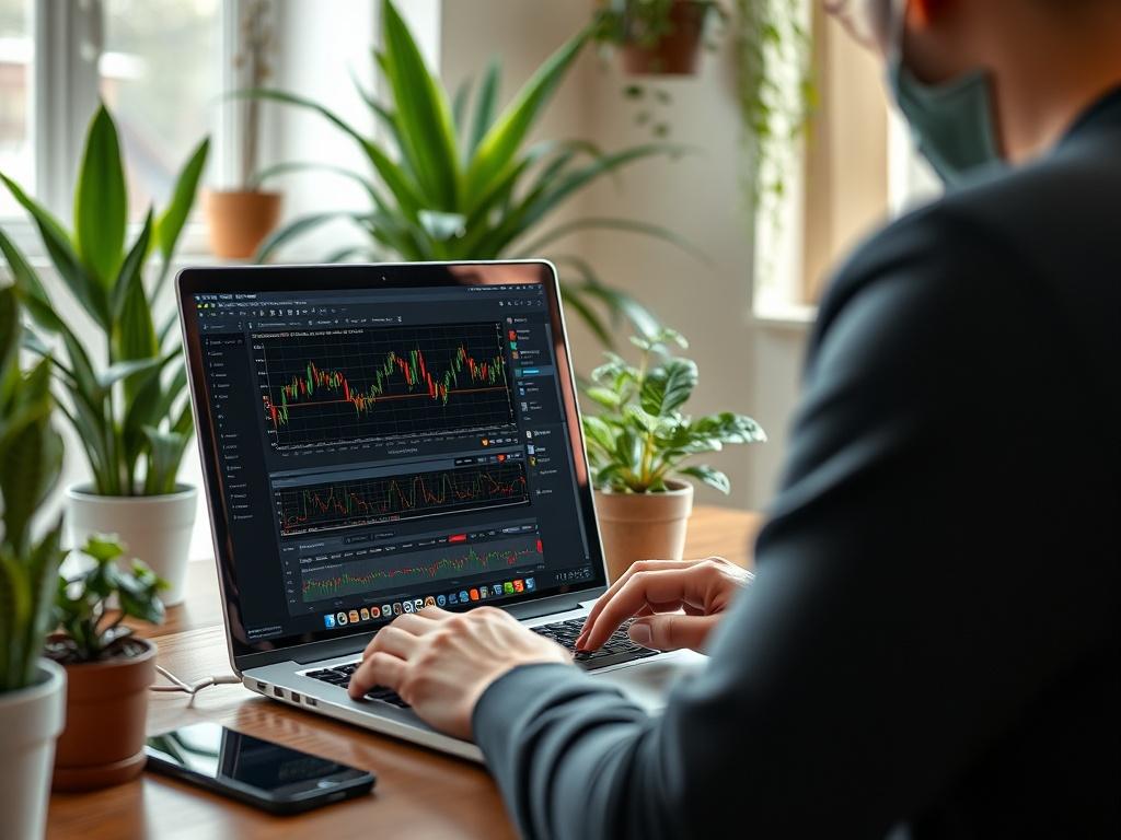 A realistic close-up shot of a person studying the features of an Expert Advisor on a laptop screen. The background should show a cozy, inviting workspace with plants and natural light, creating a focused atmosphere.