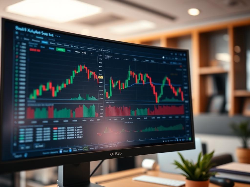 A close-up shot of a computer screen displaying a trading platform with XAUUSD charts and the EA interface. The background should be a softly blurred office environment, emphasizing the clarity of the screen's data. The image should be shot with a 45mm f/1.2 lens to highlight the details.
