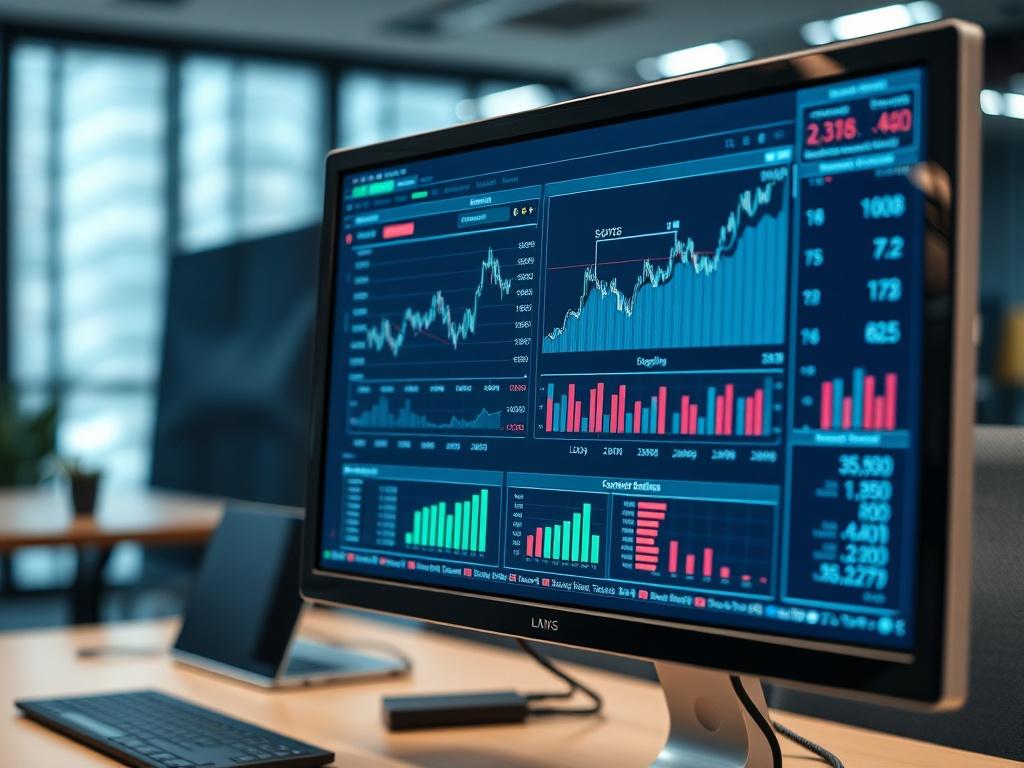 A high-resolution close-up of a computer screen displaying detailed trade performance analytics, with graphs and metrics visible. The background should be a sleek, modern office environment, emphasizing the importance of data analysis.
