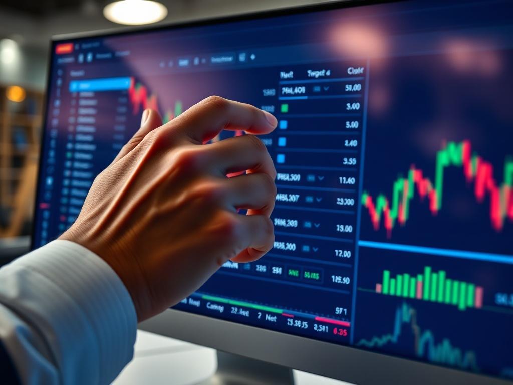 A high-resolution close-up of a trader's hand adjusting settings on a trading software interface, showcasing various parameters. The background should feature a well-lit, modern trading workspace, with the focus clearly on the screen and hand adjustments.