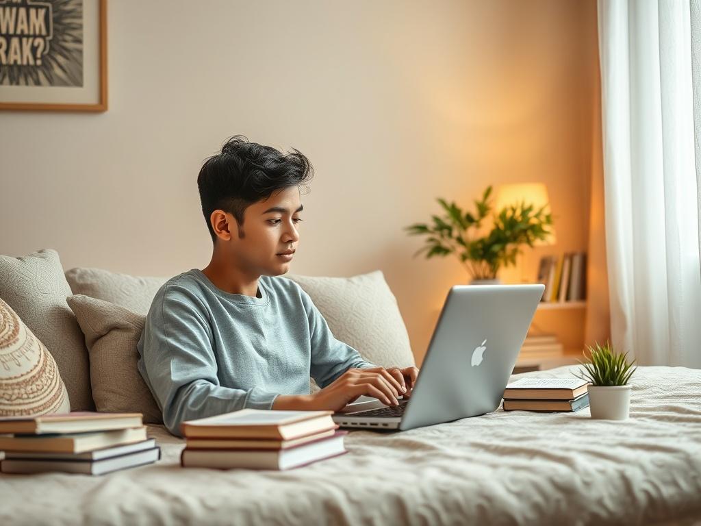 A peaceful home study environment with a young adult engaging
