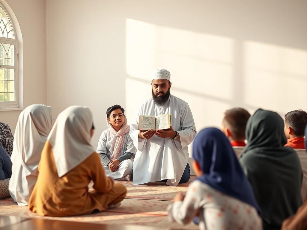 A serene classroom setting with a compassionate male teacher, dressed