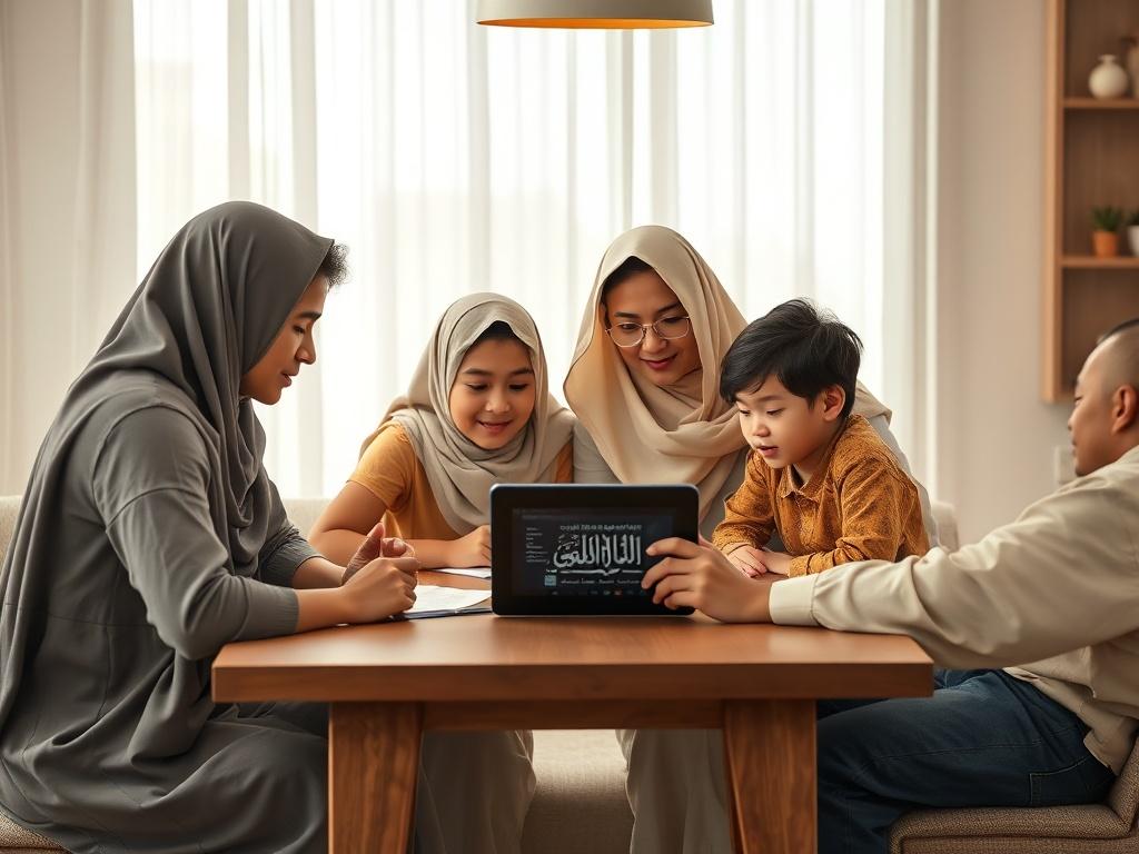 A family gathered around a table, engaging in an online