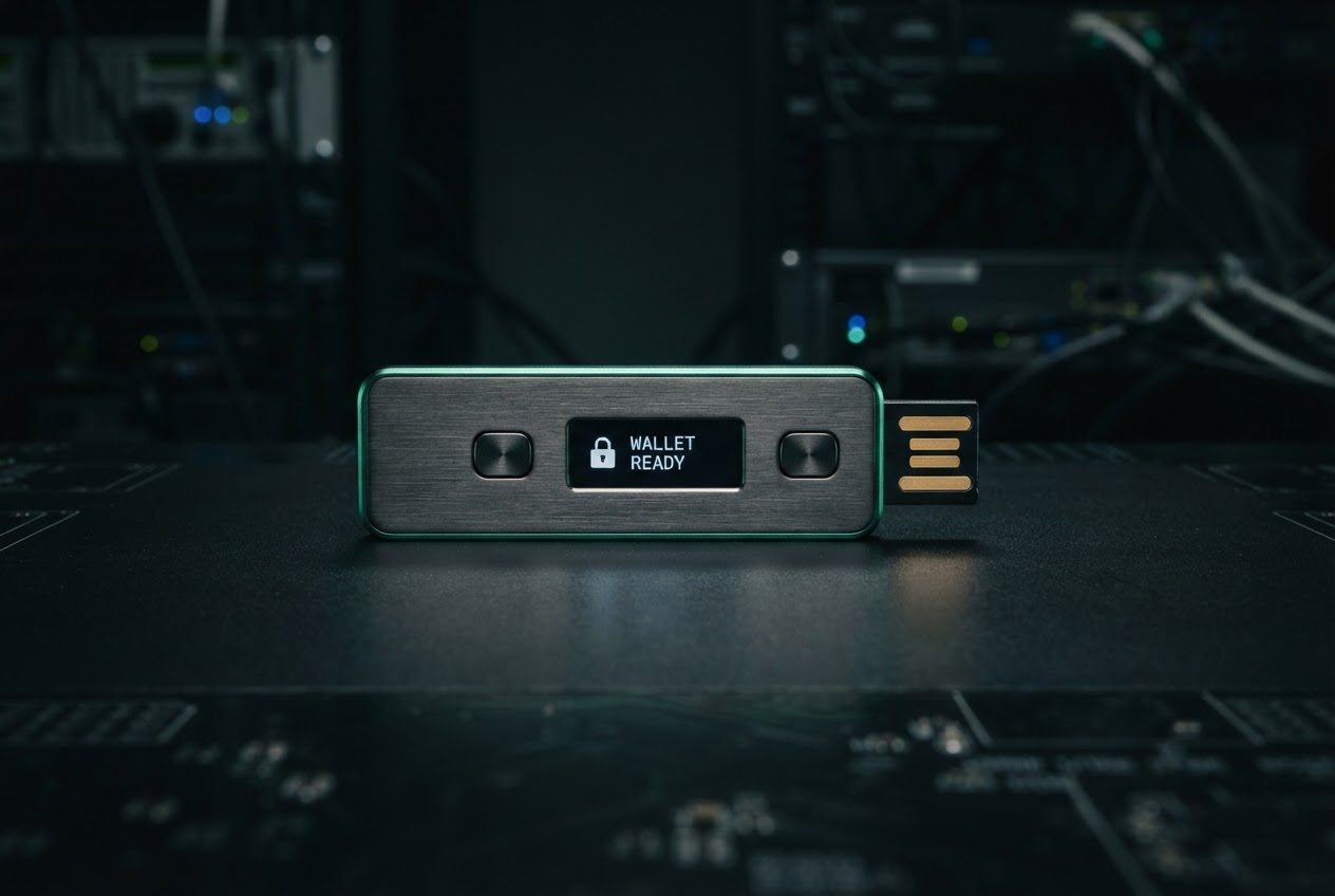 A dark graphite hardware wallet device photographed in a low-lit cybersecurity setting