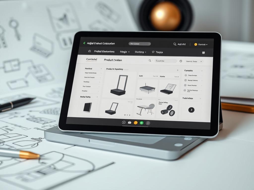 A hyper-realistic close-up shot of a digital tablet displaying a digital product creation interface. The background is minimalistic, showcasing sketches and brainstorming notes. The color palette consists of black, white, and subtle gold accents, creating an elegant and modern atmosphere.