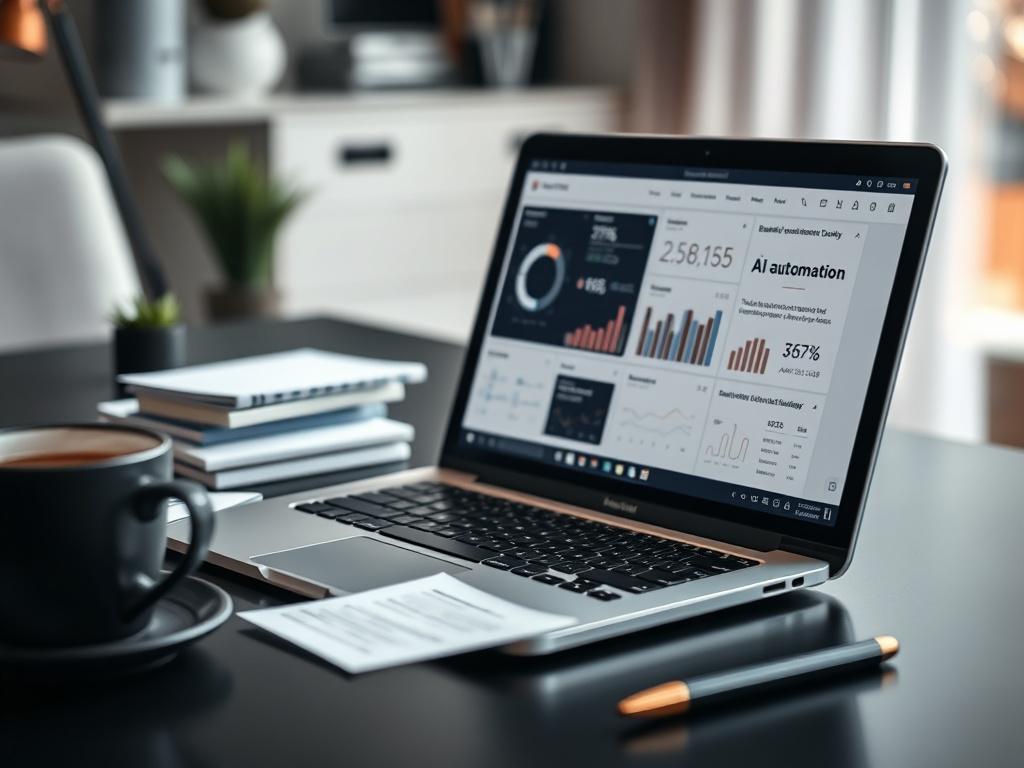 A hyper-realistic close-up shot of a modern workspace with a laptop displaying an AI automation dashboard, surrounded by notes and a coffee cup. The background is softly blurred, emphasizing the laptop and the workspace. The color palette is black, white, and subtle gold accents to convey a high-end, tech-focused design.