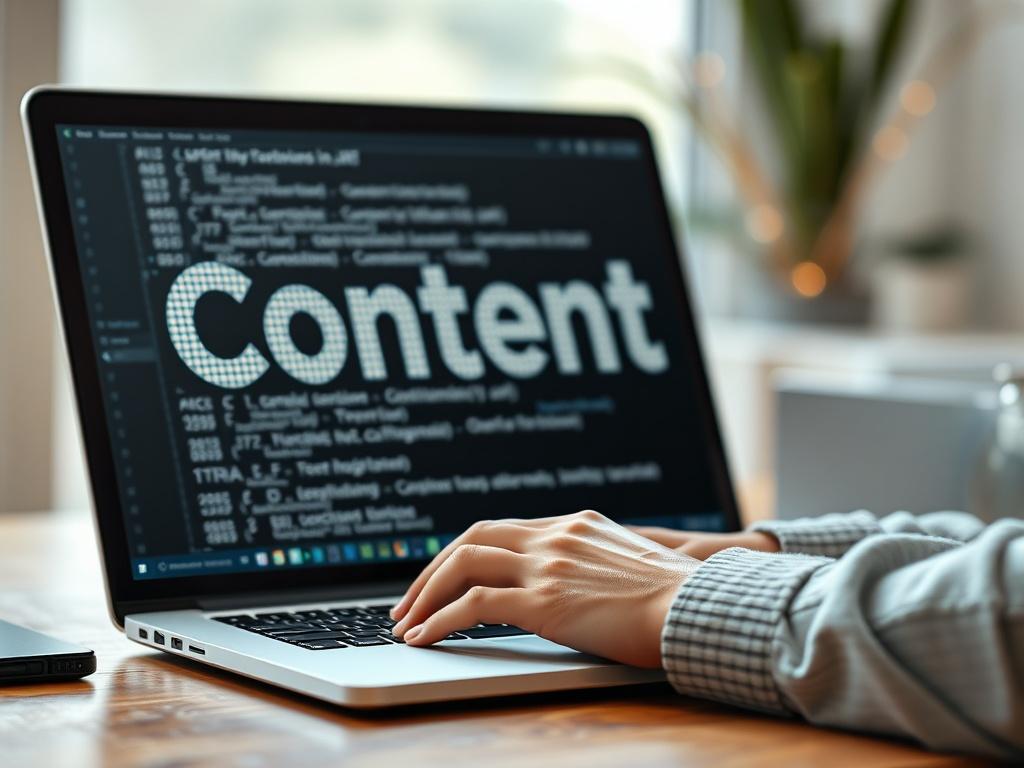 A hyper-realistic close-up shot of a person using a laptop to create content, with AI-generated text on the screen. The background is softly blurred to keep the focus on the laptop. The color palette features black, white, and subtle gold accents, exuding a professional and innovative vibe.