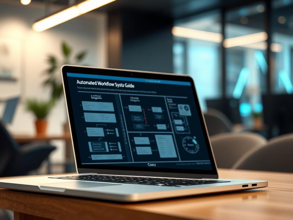 A hyper-realistic close-up of an Automated Workflow Systems Guide displayed on a laptop, with flowcharts and automation diagrams visible on the screen. The background should be a modern office space with sleek design elements, emphasizing a high-tech atmosphere.