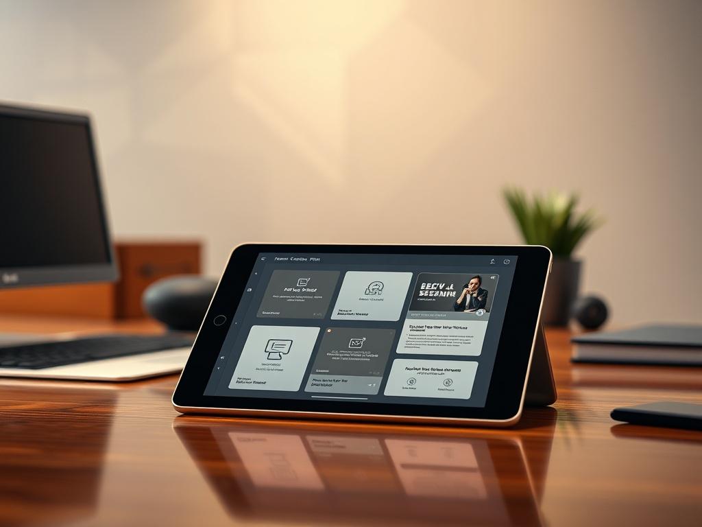 A realistic close-up of an AI Content Creation Toolkit displayed on a polished wooden desk, featuring visual elements like templates and prompts on a tablet screen. The background should have a minimalist design with subtle tech patterns, showcasing a professional work environment.
