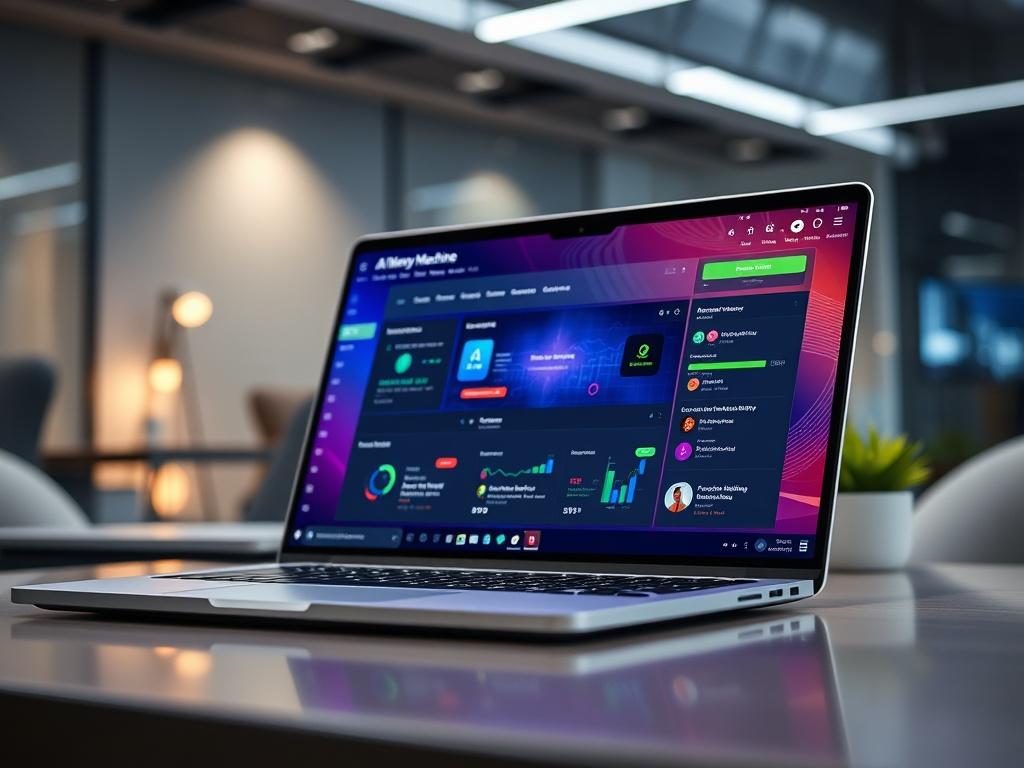A hyper-realistic close-up of a laptop screen displaying the AI Money Machine course dashboard, with vibrant visuals representing AI tools, content creation, and automation workflows. The background should be a sleek office setting with subtle tech elements, emphasizing a professional and modern atmosphere.