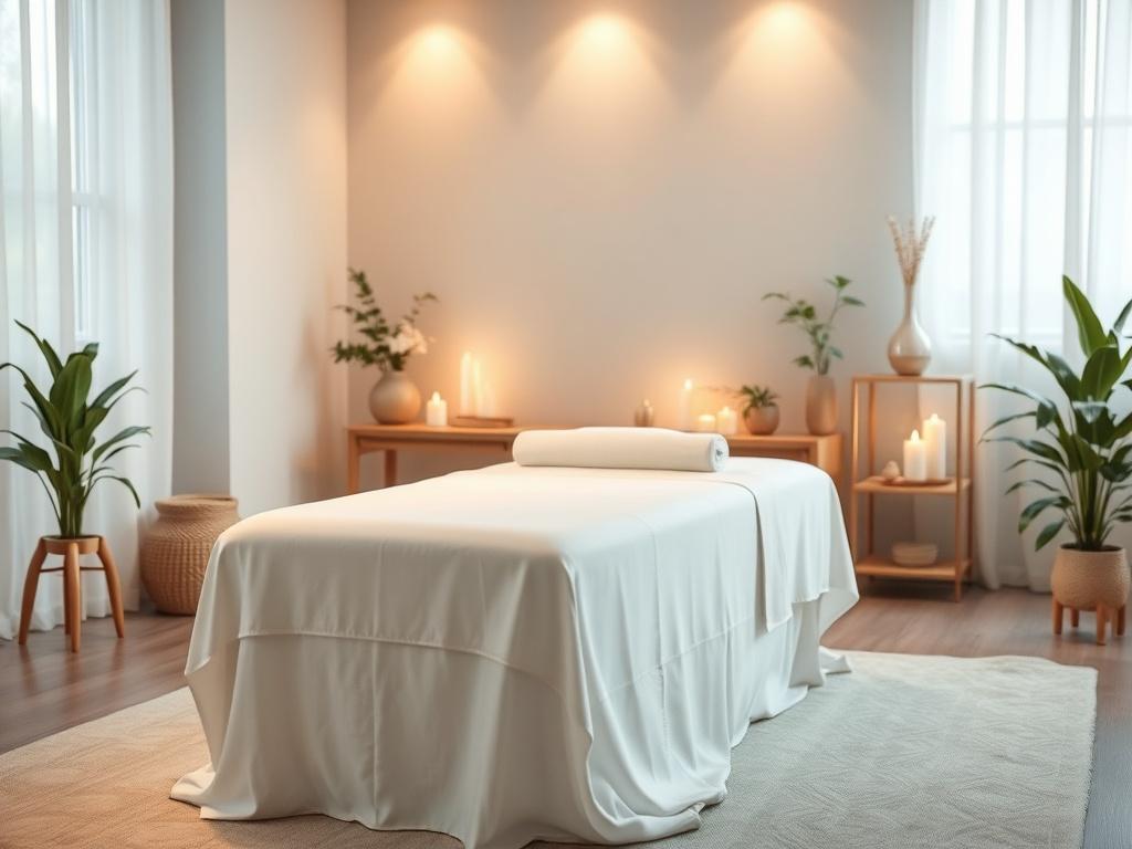 A serene massage therapy room with soft lighting and calming