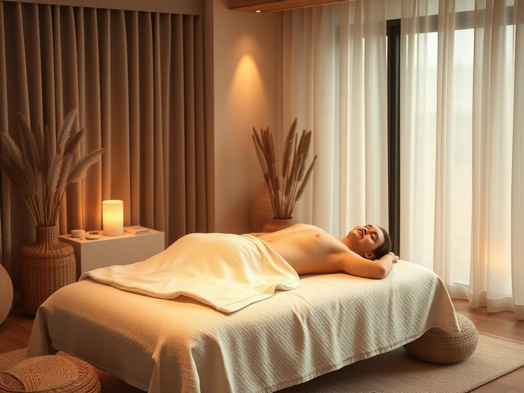A tranquil massage room with soft fabrics and calming colors