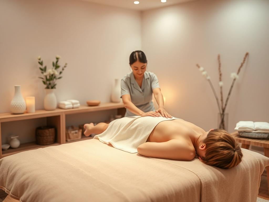 A serene massage room with soft, inviting colors  A