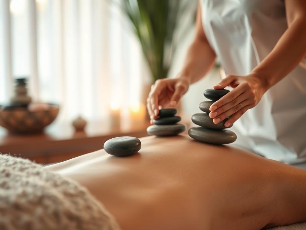 A cozy massage setting featuring a therapist placing heated stones