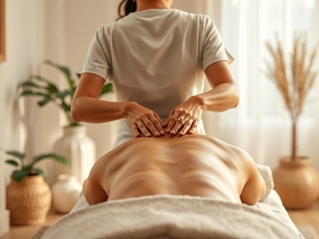 A serene spa setting with a therapist gently performing chiropractic
