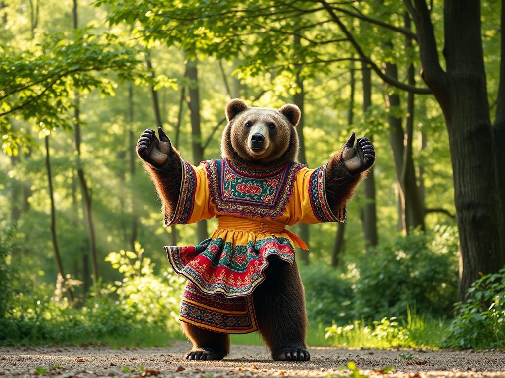 Create a realistic high-resolution photo that captures the essence of the Romanian bear dance tradition, titled "Tradiția Dansului Urșilor." The composition should feature a single, majestic bear dancer dressed in a beautifully detailed, traditional costume adorned with vibrant colors and intricate designs, symbolizing Romanian heritage. The bear should be mid-dance, showcasing elegantly raised paws and a captivating expression, embodying both strength and grace.

In the background, represent a lush, green 
