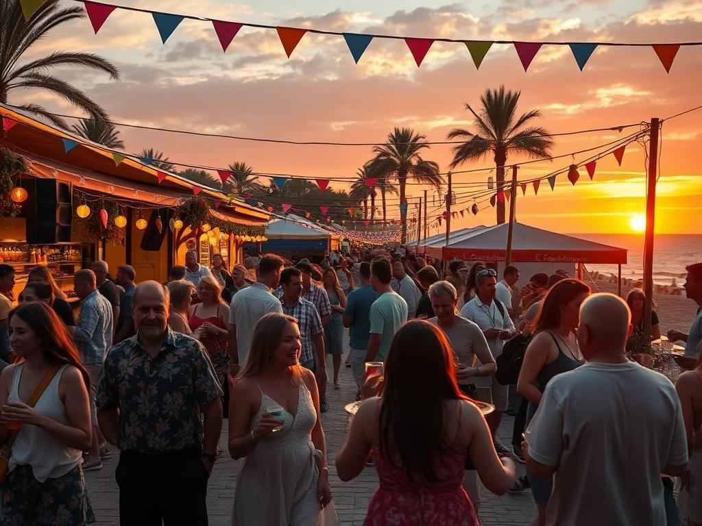A lively outdoor festival scene with people enjoying music, dancing,