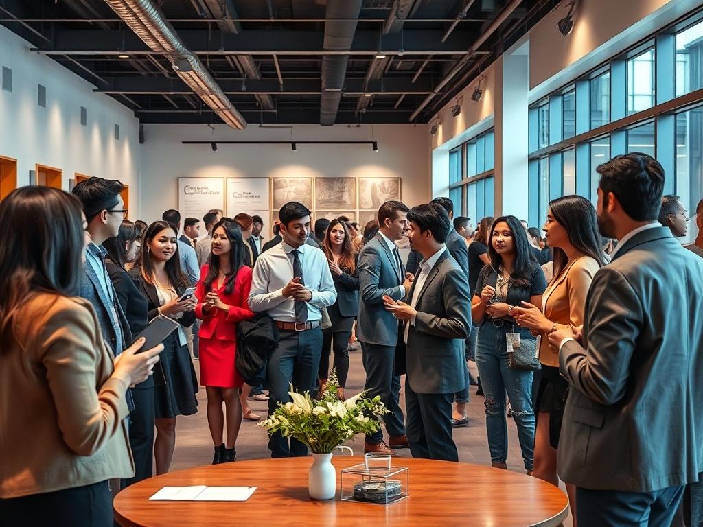 A professional networking event with diverse individuals engaging in conversation,