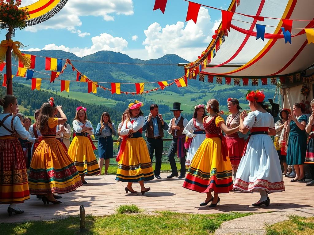 A vibrant cultural festival scene with people in traditional Romanian