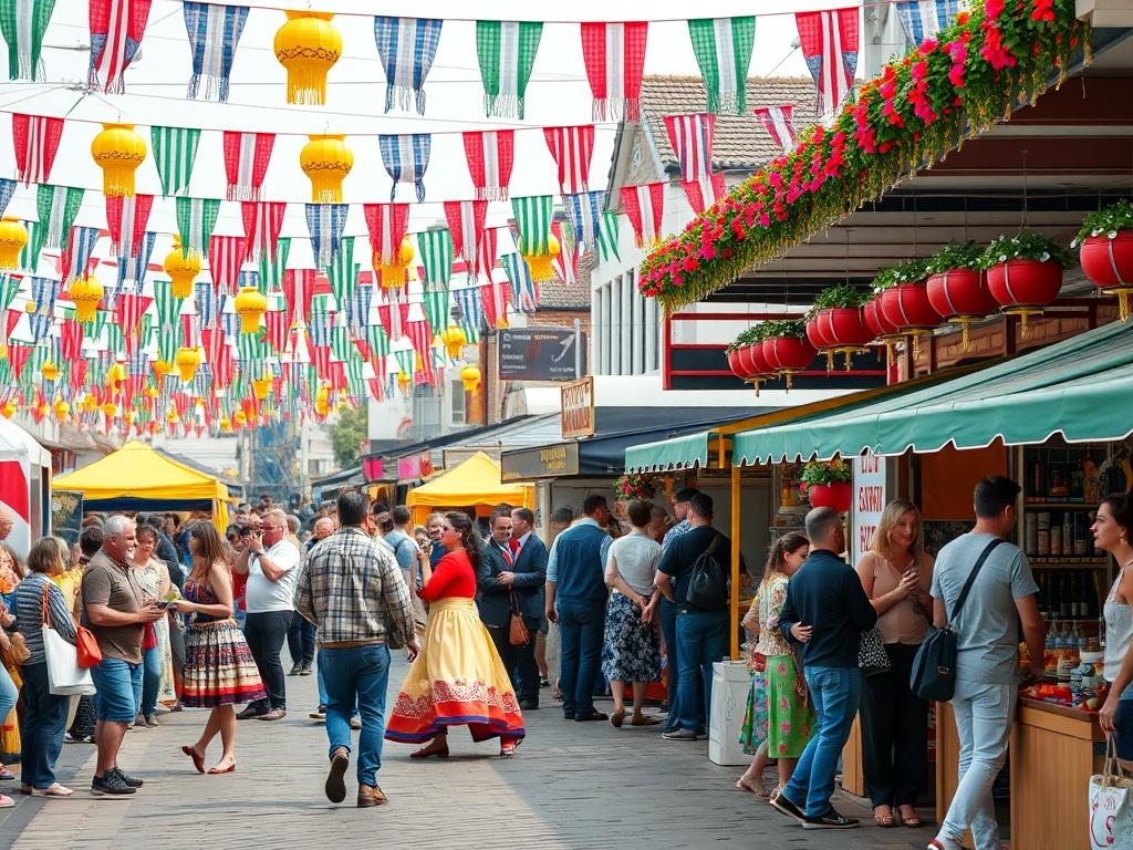 A lively local festival in the UK, showcasing colorful decorations,