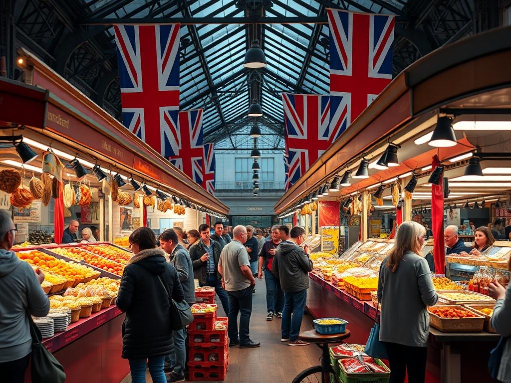 A vibrant food market in the UK, showcasing a variety
