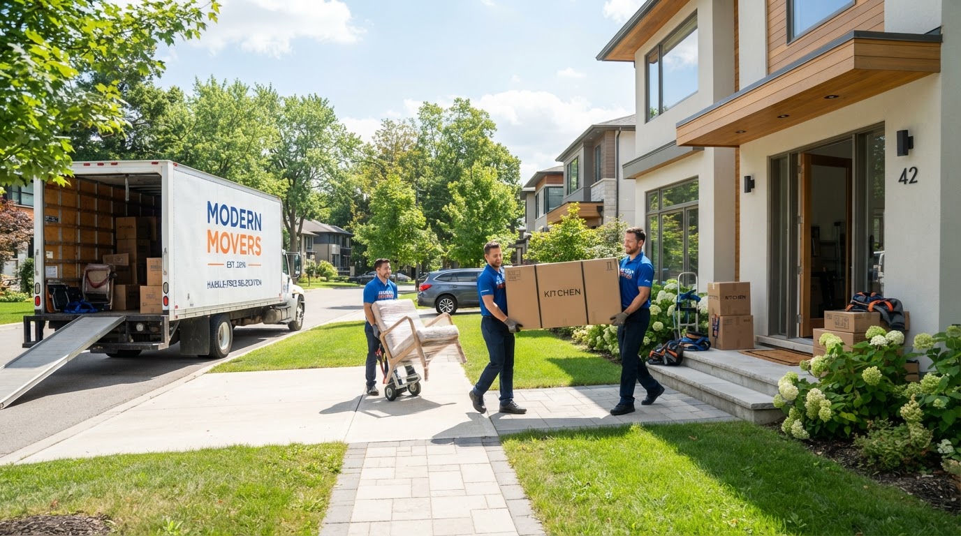 Professional movers carrying boxes and furniture into a new home on a bright sunny day
