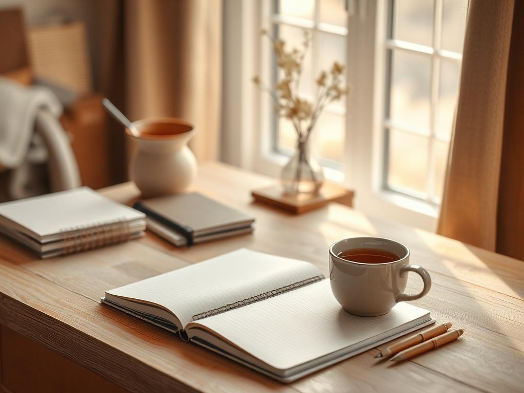 A serene, high-resolution photograph capturing a well-organized desk with a soft beige aesthetic. The desk features a minimalist notebook and a warm cup of tea, set against a backdrop of a softly lit room with natural textures. The atmosphere exudes calmness and intelligence, reflecting a space conducive to deep thinking and focused decision-making.