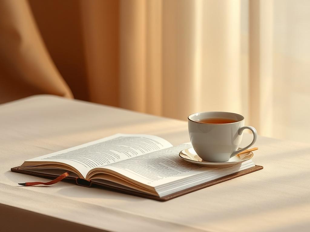 An elegant workspace featuring a minimalist desk with an open