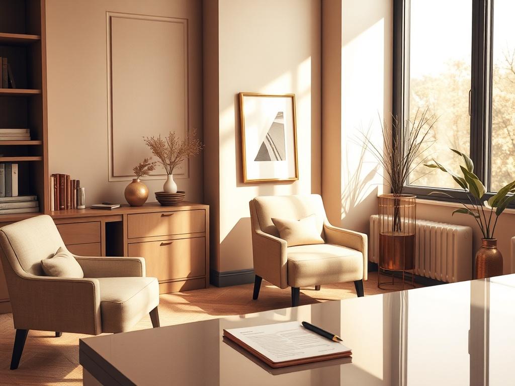 A serene office environment featuring a simple, elegant desk with