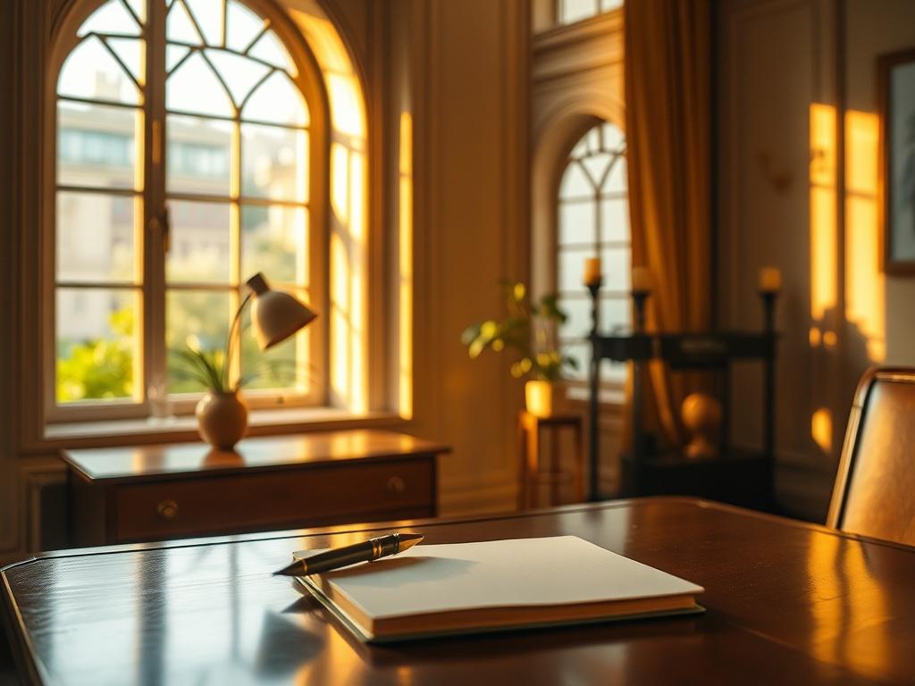 A serene workspace with a single elegant desk, softly lit by warm golden hues. The desk features a minimalist notebook and a stylish pen, reflecting a calm and inviting atmosphere. In the background, a large window allows natural light to flood the room, showcasing subtle architectural details and greenery outside. The overall composition conveys tranquility and focus, encouraging thoughtful engagement.