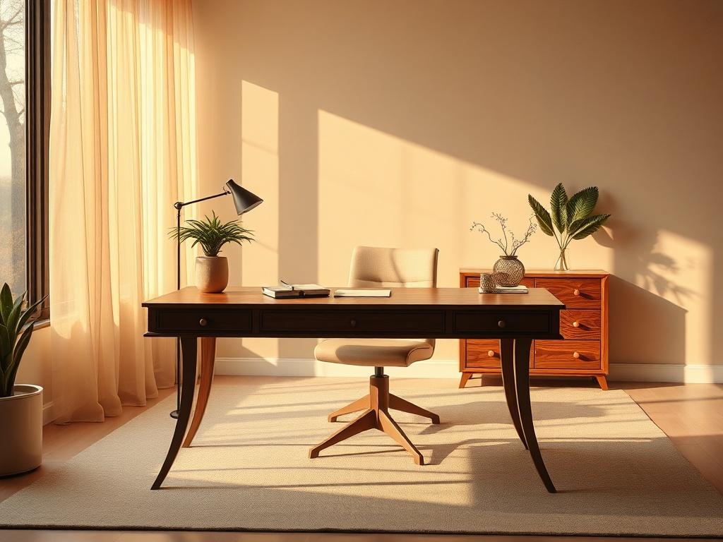 Create a high-resolution image of a serene office space featuring a single elegant desk with a warm, cozy atmosphere. The desk should be adorned with a few minimalist items such as a notepad, a pen, and a small plant. Soft, golden lighting should highlight the warm neutral tones of the room, emphasizing a calm and reflective mood. The background should include a large window with a view of nature, allowing soft light to filter in, creating an inviting and tranquil workspace.