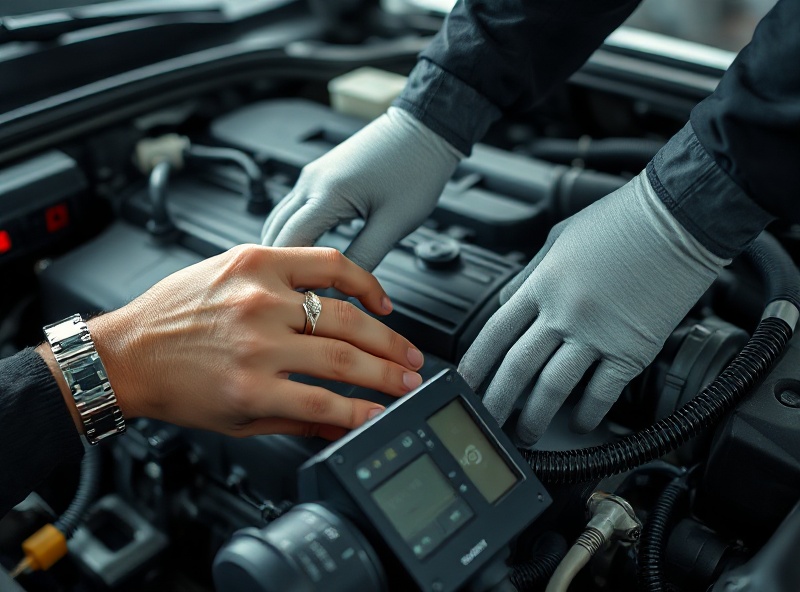 Professional mechanic hands working on a car engine with diagnostic tools and equipment