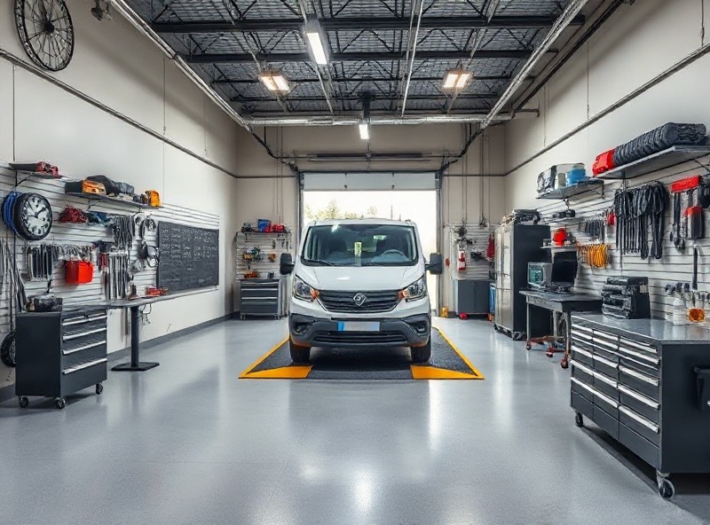Professional well-organized automotive repair shop interior with clean workspace and organized tools