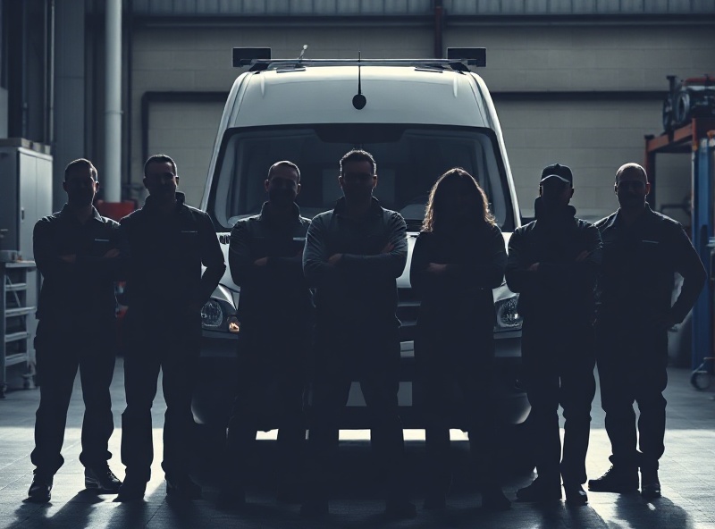 Professional automotive service team in work uniforms standing together in front of service van