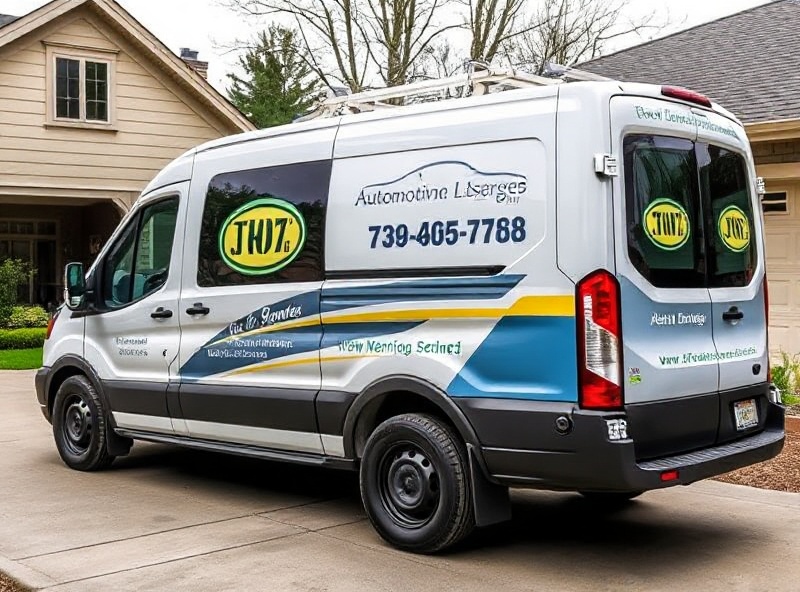 Modern mobile automotive service van exterior with business branding, fully equipped with tools
