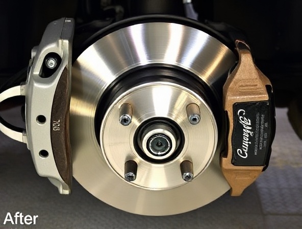 Restored car brake system after professional repair with new pads and clean rotors
