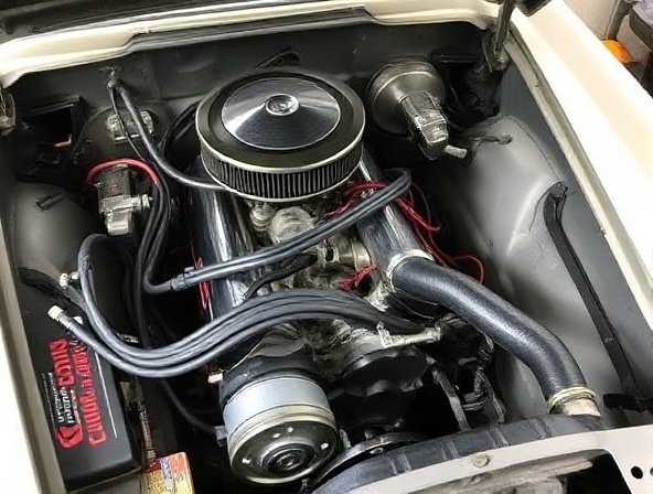 Professionally restored car engine compartment with clean connections after service